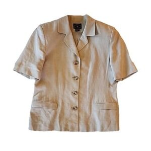 Vintage Womens Blazer Linen Top Size 14 Beige Short Sleeve 80s 90s Retro Career